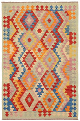 Flat Weave Kilim Antique Navaho Vintage handmade Geometric Kilim Red Blue Hand-Woven Rectangle 100% Wool Area Rug 4x6